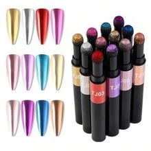 12色鉻質指甲粉套裝,空氣墊筆,指甲藝術筆,全息指甲粉,海棉棒,鏡面效果指甲油筆,壓克力指甲粉,女性禮物 - 彩色 - 查看 2