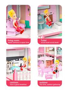 兒童粉色公主城堡娃娃屋,14間房間和家具diy組裝,適合節日/生日/聖誕/新年禮物 - 粉色 - 查看 4