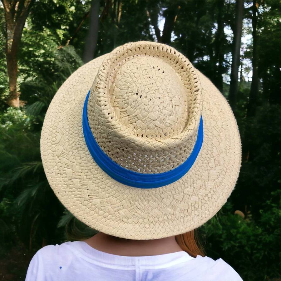 Women Straw Hat - 米色-藍色 - 查看 1