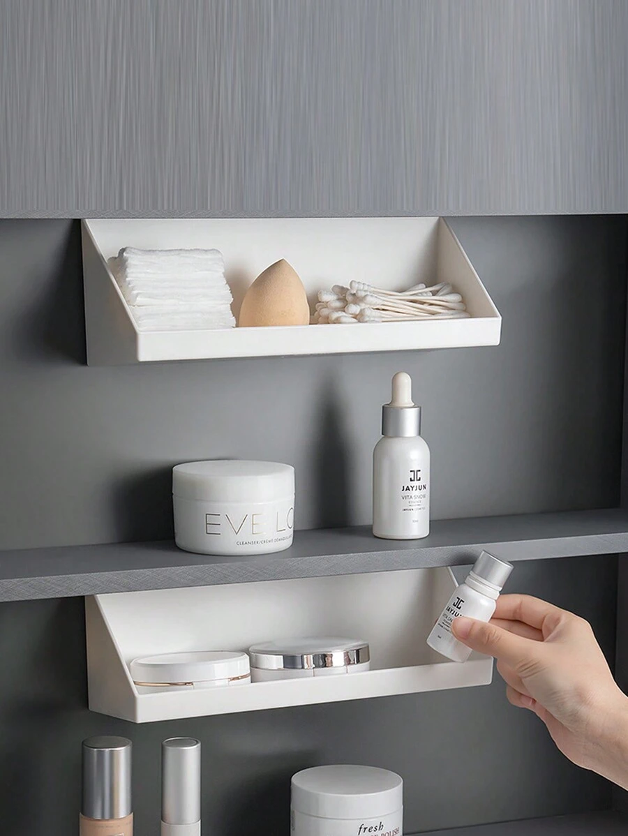 1pc No-drilling Sloping Storage Rack For Makeup Vanity, Cosmetic Shelf Partition For Bathroom Mirror Cabinet - White - View 1