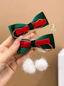 2 件女孩甜美可爱蝴蝶结发夹，适合圣诞节 - 彩色 - 查看 6