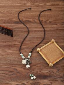 White Ceramic Beaded Necklace With Flower Detail - Multicolor - View 3