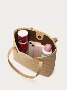 1pc PU Material Diamond Quilted Embroidery Scarf Decor Tote Bag, Large Capacity Lightweight Versatile For Commuting