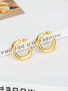 3sets Stainless Steel Minimalist C Circle Stud Earrings For Women, 14k