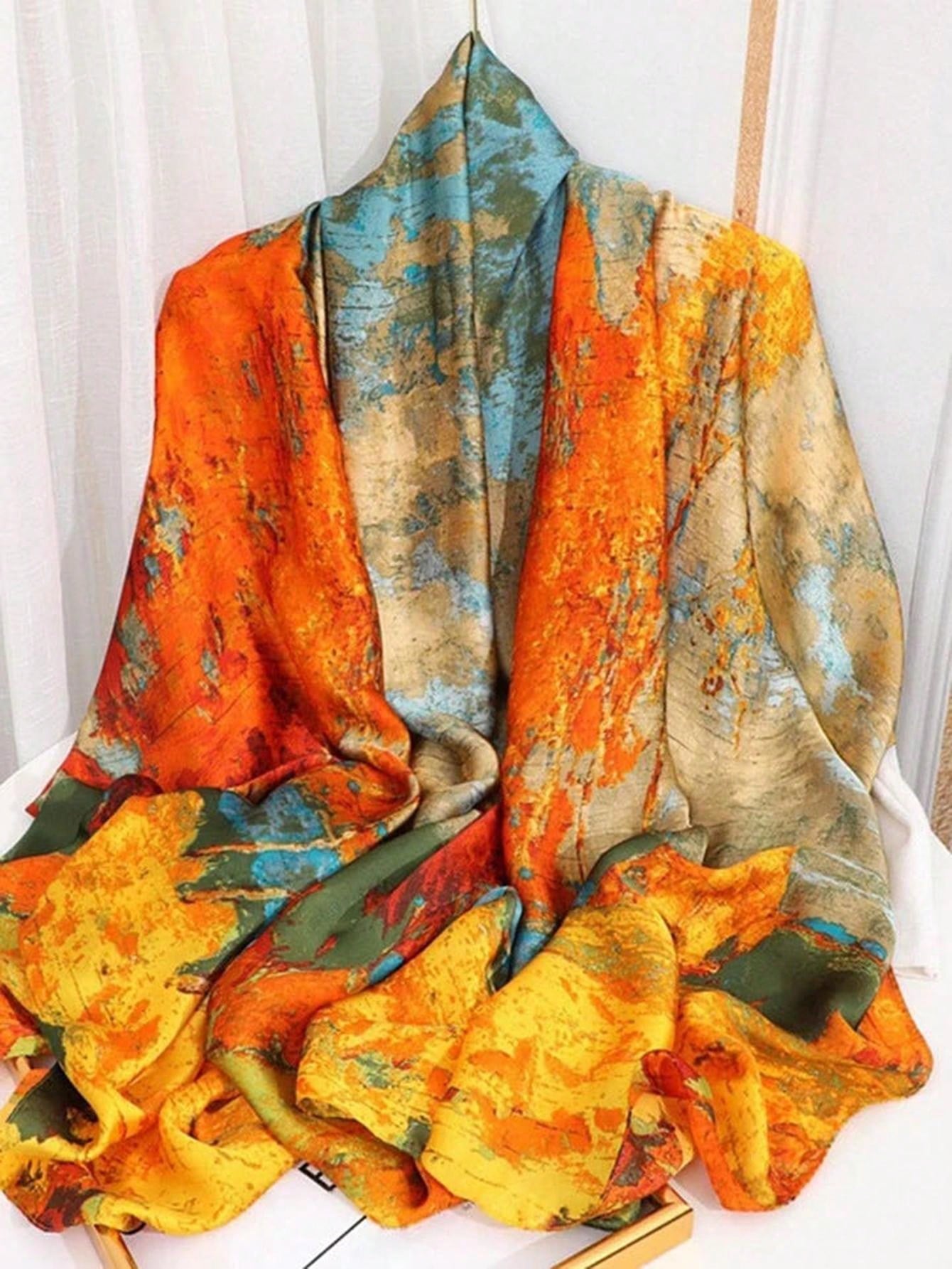 1pc women's orange forest printing faux silk scarf for headwear neck