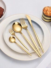 36pcs/Set Stainless Steel Cutlery Set For 6 People, Including 6 Dinner Knife, 6 Steak Knife, 6 Dinner Forks, 6 Dinner Spoons, 6 Dessert Forks, And 6 Teaspoons, Suitable For Western Style Meal In Hotel Or Restaurant - Gold - View 3