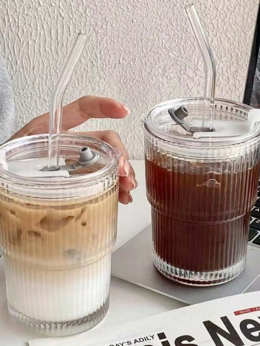 帶有矽膠吸管和白色蓋子的咖啡杯，INS風格條紋玻璃杯帶蓋子和手柄，適用於家庭和居住，禮品和派對，適用於飲用水，冰美式和夏日拿鐵 - 無色 - 查看 1