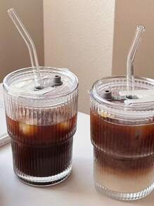 帶有矽膠吸管和白色蓋子的咖啡杯，INS風格條紋玻璃杯帶蓋子和手柄，適用於家庭和居住，禮品和派對，適用於飲用水，冰美式和夏日拿鐵 - 無色 - 查看 6