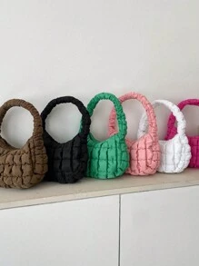 全新冬季羽絨外套風格單肩斜背包托特包,時尚純色 - 黑色 - 查看 2