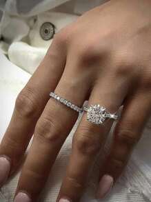 Sparkling Round Cubic Zirconia 2pcs/Set Women's Ring, Minimalist & Fashionable Double Stackable Ring, Wedding/Party Jewelry Royal