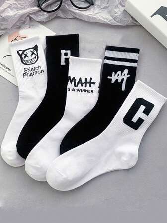 5 pares de calcetines cómodos y personalizados de media pantorrilla con letras y caras de fantasma en blanco y negro, de moda para uso diario