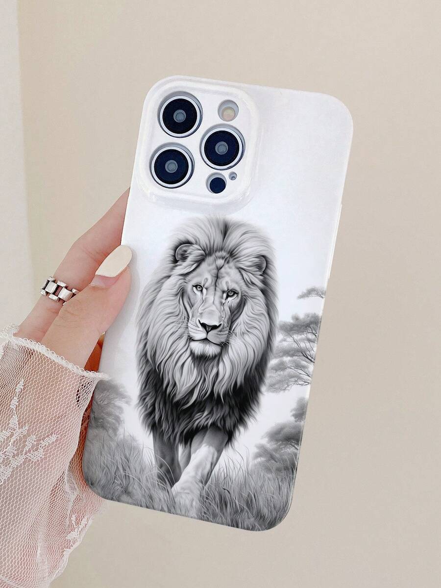 1pc Lion Pattern Full Coverage Phone Case Compatible With IPhone 15 Series - White - View 1