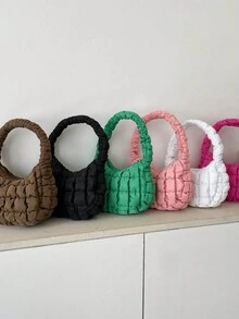 全新冬季羽絨外套風格單肩斜背包托特包,時尚純色 - 黑色 - 查看 9