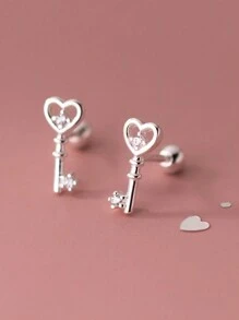 1pair Unique 925 Sterling Silver Single Cubic Zirconia Heart & Key Design Stud Earrings For Men And Women Daily Wear Valentines