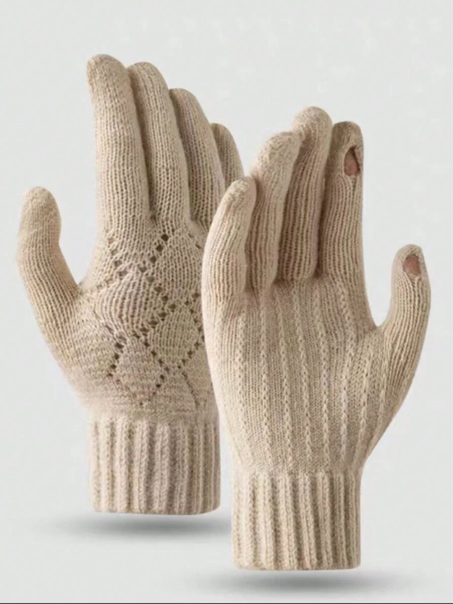 Của phụ nữ Dệt kim Pha lê Mô hình Jacquard Ấm áp Găng tay Với Màn hình cảm ứng Chức năng , Mùa Đông Đạp xe Găng tay - Màu be - Xem 1