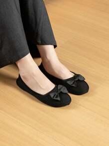 Women's Japanese-style Foldable Shoes, Portable With Storage Bag, Bowknot Slippers, Noiseless Floor Socks Shoes, Soft-soled Shoes For Driving, Students, Traveling And Library Use, Flat Heels With Elastic Strap - Black - View 7