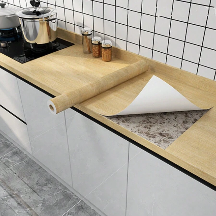 1卷加厚黃色橡木紙黃色橡木壁紙剝離和黏貼壁紙白色復古壁紙自粘和可拆卸壁紙紋理膜卷桌子櫥櫃架子襯衣 - 黃色 - 查看 1