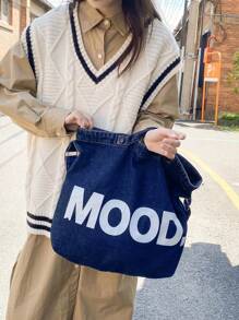 KVKY 1個帶字母細節的牛仔布手提袋頂把手提肩包女學生書包女士手提包學校書包適合畢業生,青少年女孩,新生,二年級,初中生和高中生,適合戶外,旅行和返校