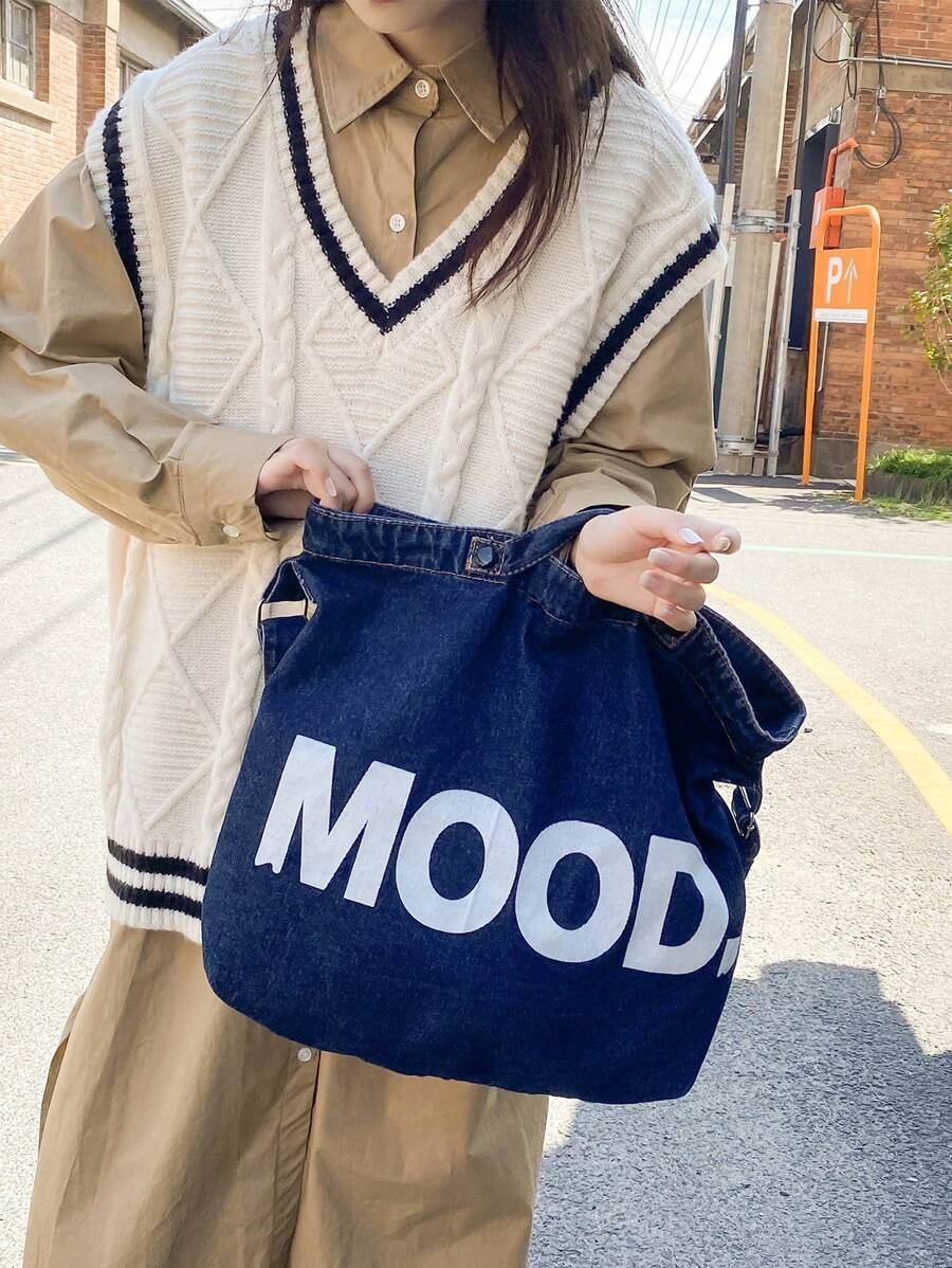 KVKY 1個帶字母細節的牛仔布手提袋頂把手提肩包女學生書包女士手提包學校書包適合畢業生,青少年女孩,新生,二年級,初中生和高中生,適合戶外,旅行和返校