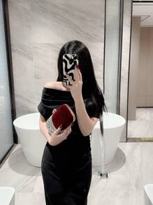 Moonlit EveBag 女性秋冬時尚盒型晚禮服包，閃閃發亮的鑲嵌水晶裝飾的禮服手提包，適用於聚會、宴會、舞會，搭配手提包，禮物，造型，適合禮服、婚禮禮服、女性正式禮服、晚裝、舞會裝、生日裝，完美搭配。 - 酒紅色 - 查看 8