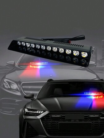 1pc 12V Red & Blue 12 LED Car Strobe Light, Suction Cup Flashing Light Warning Lamp, Use With Car Cigarette Lighter, Install On Front Windshield