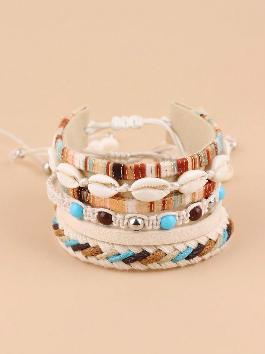 4pcs Seashell & Handmade Rope Decoration Bracelet Set, Perfect Accessory For Women's Beach Party Outfits - Colorful - View 1