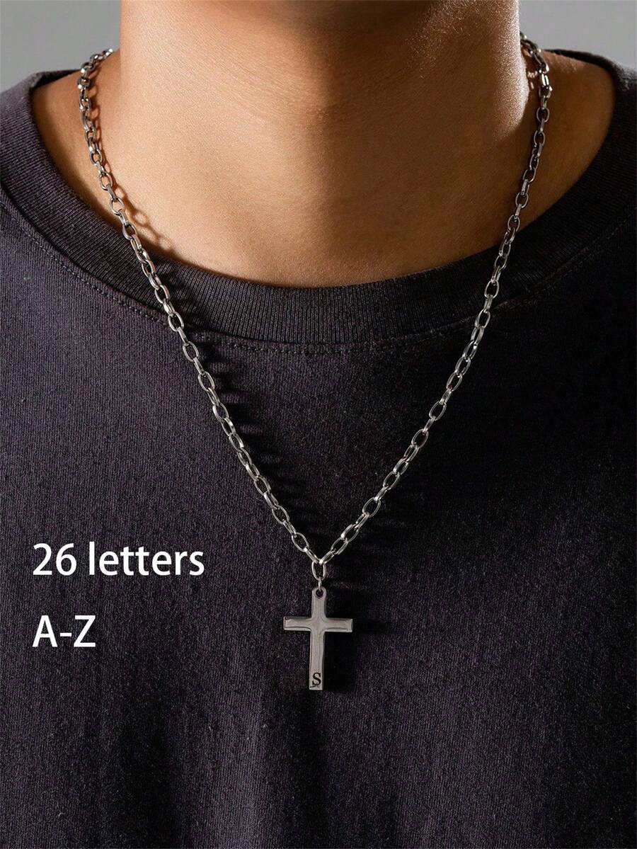 1pc Fashionable & Minimalist Street Style Stainless Steel Cross Pendant Engraved With 26 Letters, You Can Customize The First Alphabet Of Your Name. Perfect For Streetwear And As A Gift For Your Boyfriend. - 銀色 - 查看 1