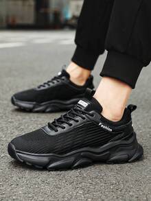男士舒適純色字母圖案前綁跑鞋,輕量級運動戶外運動鞋 - 黑色 - 查看 4
