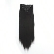 1包含7片的女士合成纖維22英寸黑色長直髮條式擴展套裝