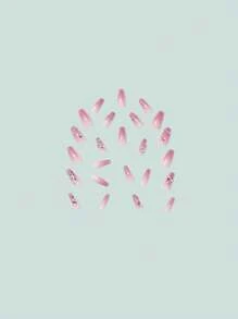 Upgrade Your Appearance With 24pcs Long Ballet Nails In Ice-Clear Pink, Glitter, Cute 3d Butterfly, Rhinestone & Chain Design, Full Coverage, Suitable For Women And Girls Press On Nails Nail Supplies - Pink - View 7