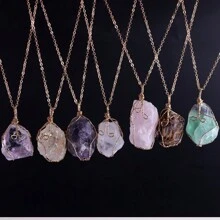 1 件天然原石紫水晶黄水晶玫瑰石英项链不对称石英线缠绕吊坠项链疗愈能量女士珠宝感恩节礼物 - 天然石 - 查看 11