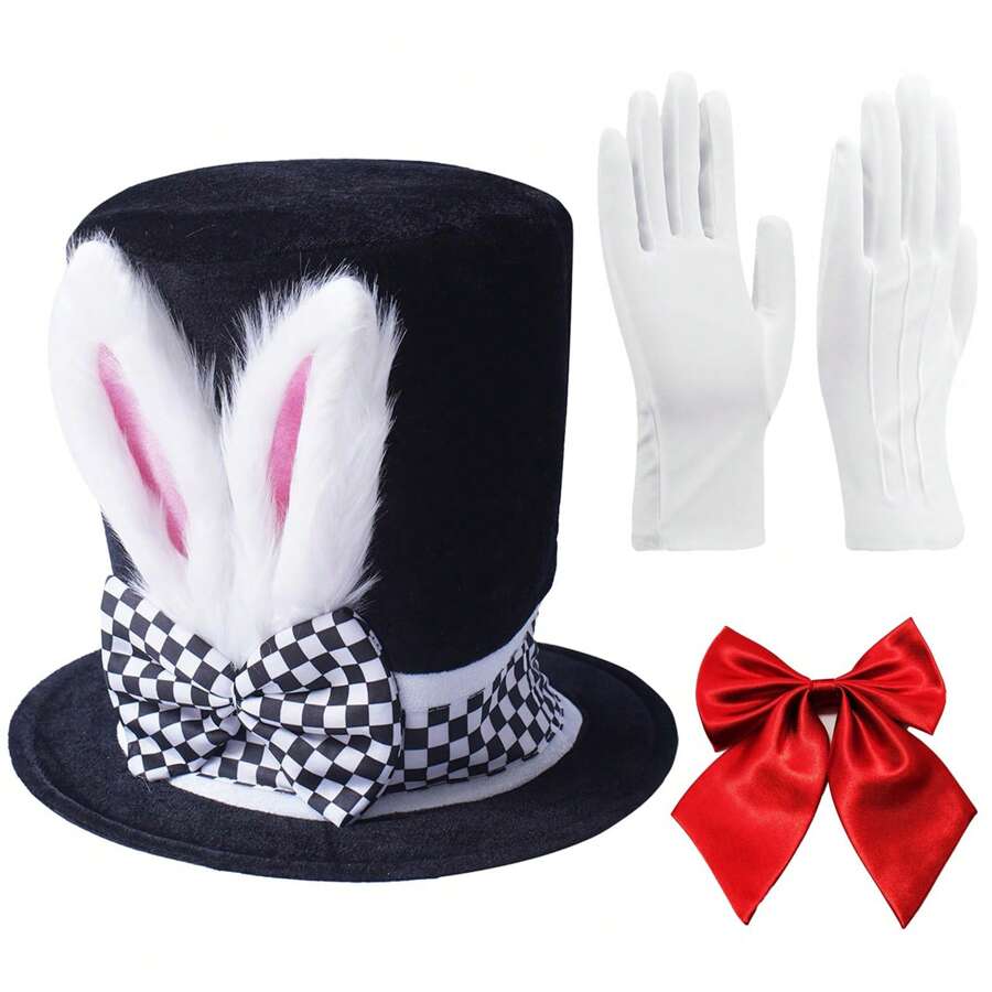 Conjunto De 3 Piezas Disfraz De Conejo Blanco De Pascua Con Oreja De Conejo Y Sombrero De Copa, Sombrero De Felpa Con Orejas De Conejo, Guantes Blancos, Disfraz De Conejo Incluye 1 Sombrero Alto Con Orejas De Conejo Para Disfrazarse - Multicolor - Ver 1