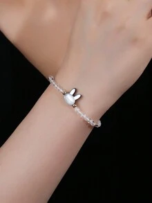 1pc 925 Sterling Silver Elastic Bracelet With White Crystal & Gemstone Black Disc Shell & Three-dimensional Rabbit Head, Sweet And Unique Design - White Crystal - View 5