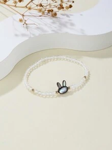 1pc 925 Sterling Silver Elastic Bracelet With White Crystal & Gemstone Black Disc Shell & Three-dimensional Rabbit Head, Sweet And Unique Design - White Crystal - View 2