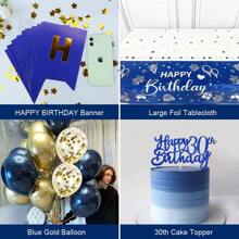30歲生日氣球套組,男性生日裝飾,生日派對用品包括海軍藍氣球,啞光白氣球,金屬色金氣球,金色發光氣球,32英吋金鋁膜數位氣球,海軍藍生日肩帶,海軍藍生日桌布,生日蛋糕裝飾標誌