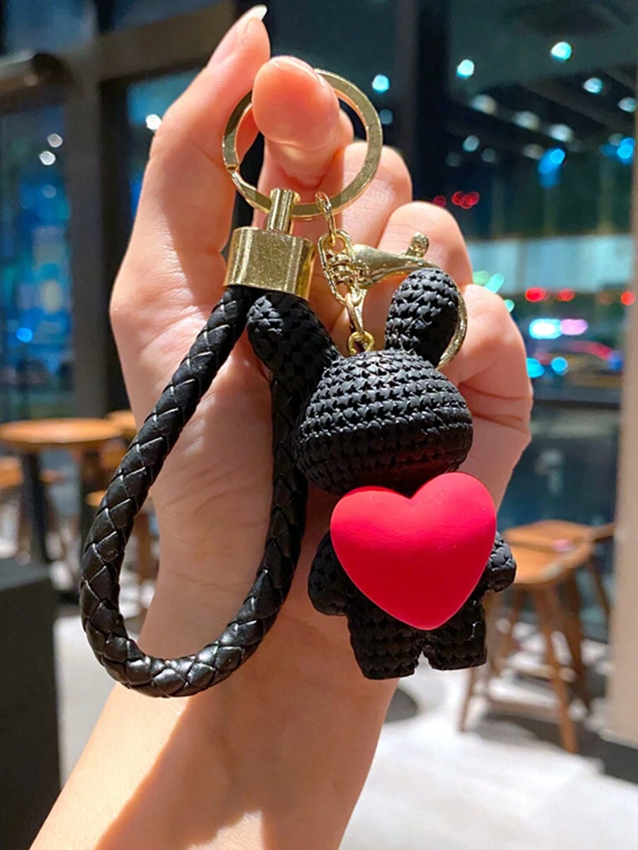 愛心兔織繩鑰匙扣掛件,精緻可愛卡通汽車鑰匙圈,情侶/背包掛件