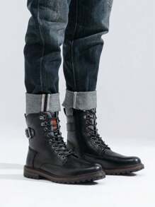 SHOESMALL Botas para hombre vestido casual retro con cordones botas de motocicleta marrón - AMY8147A-negro - Ver 3