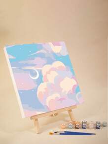 成人入门级数码油画，20英寸x20英寸/30英寸x30英寸画布，包含2支画笔、丙烯颜料、花卉和风景图案 - 粉紅藍色 - 查看 2