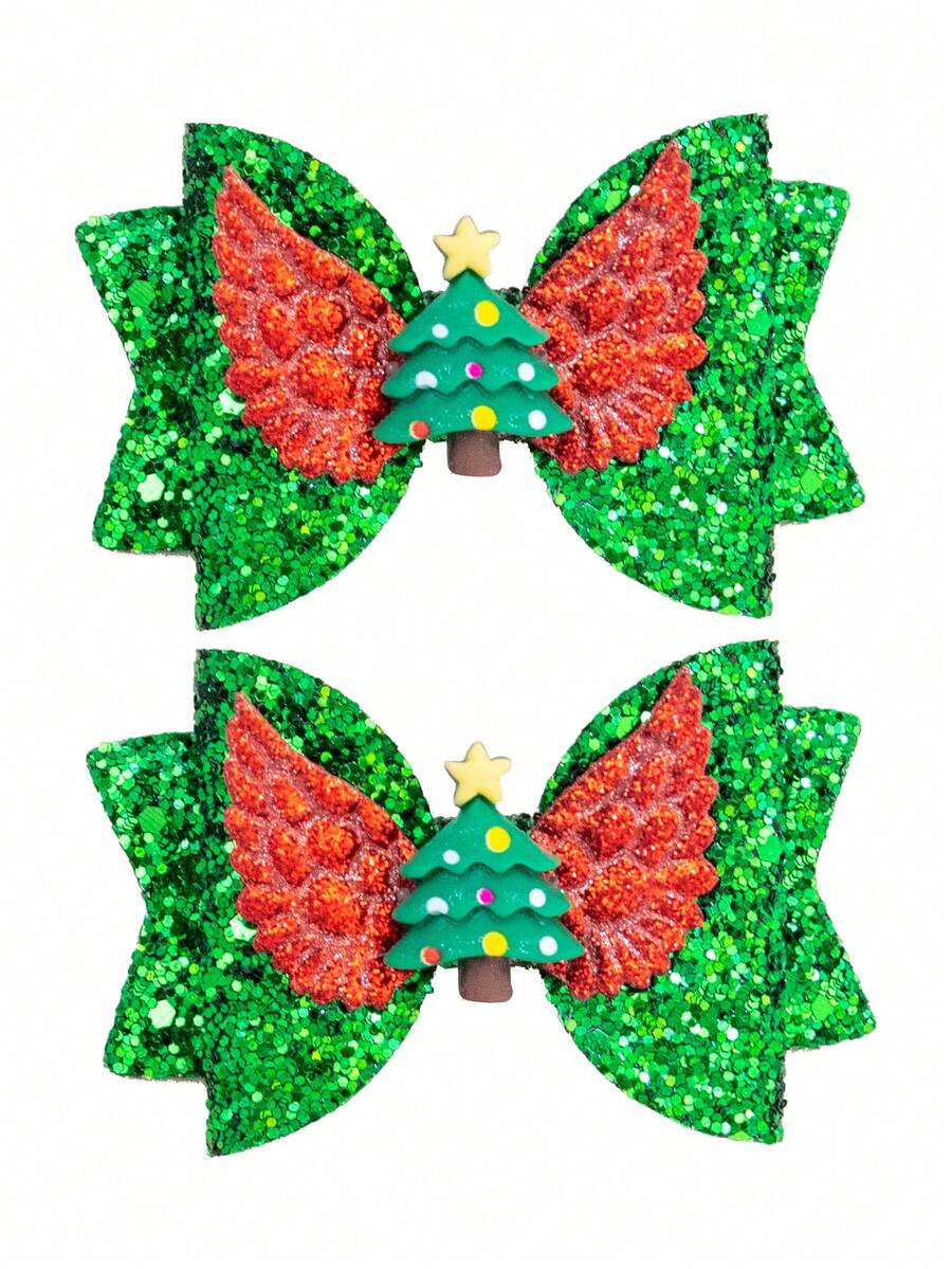 Bộ 2 kẹp tóc phụ kiện Giáng sinh màu xanh lá cây cho bé gái, kẹp nơ da lấp lánh 3 inch, đồ trang trí quà tặng Giáng sinh, kẹp tóc mái lệch dễ thương, thích hợp cho ngày lễ và đeo hàng ngày - màu xanh lá - Xem 1