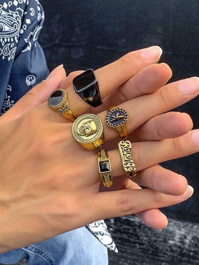 6pcs/set Fashionable Street Style Skull & Letter Design Ring Set For Men's Daily Casual Wear, Punk Style