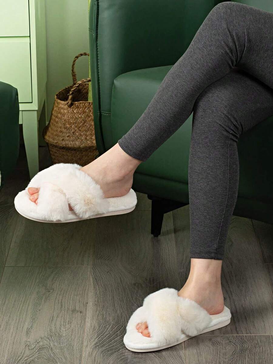 Fuzzy Slippers For Women,Cross Band Cozy House Home Bedroom Fluffy Slippers Plush Furry Open Toe Slide Slipper,Women's Soft Cozy Plush Cross Band Open Toe Slippers Indoor Outdoor Faux Rabbit Fur Warm Comfortable Breathable ,Grey/Camel/Pink/Black/White - White - View 1