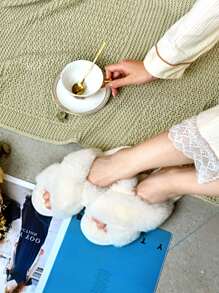 Fuzzy Slippers For Women,Cross Band Cozy House Home Bedroom Fluffy Slippers Plush Furry Open Toe Slide Slipper,Women's Soft Cozy Plush Cross Band Open Toe Slippers Indoor Outdoor Faux Rabbit Fur Warm Comfortable Breathable ,Grey/Camel/Pink/Black/White - White - View 2