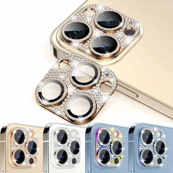 Compatibile con 15 14 13 12 11 Pro Max, custodia protettiva in metallo con cristalli di lusso per obiettivo fotocamera, pellicola protettiva in vetro, accessori per telefono, regalo per compleanni, famiglia, amici, cristalli scintillanti, protezione obiettivo, impermeabile, antiurto, anti-caduta, anti-graffio, anti-impronta digitale, copertura completa