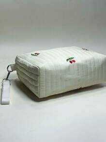 1pc Beige Cherry Embroidery Outdoor Casual Bag With Strap Sewing & Comfortable Handle, Multi-functional Travel Cosmetic Bag Or Handbag For Hiking And Daily Use