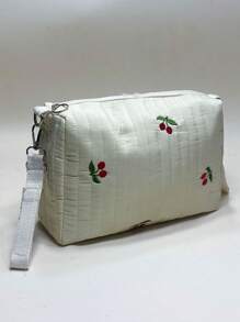 1pc Beige Cherry Embroidery Outdoor Casual Bag With Strap Sewing & Comfortable Handle, Multi-functional Travel Cosmetic Bag Or Handbag For Hiking And Daily Use