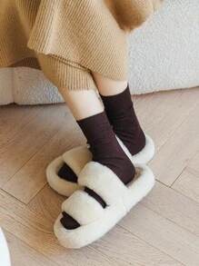 1 雙女時尚純色羊絨條紋薄中筒襪,簡約風格,咖啡棕色 - 咖啡棕 - 查看 5