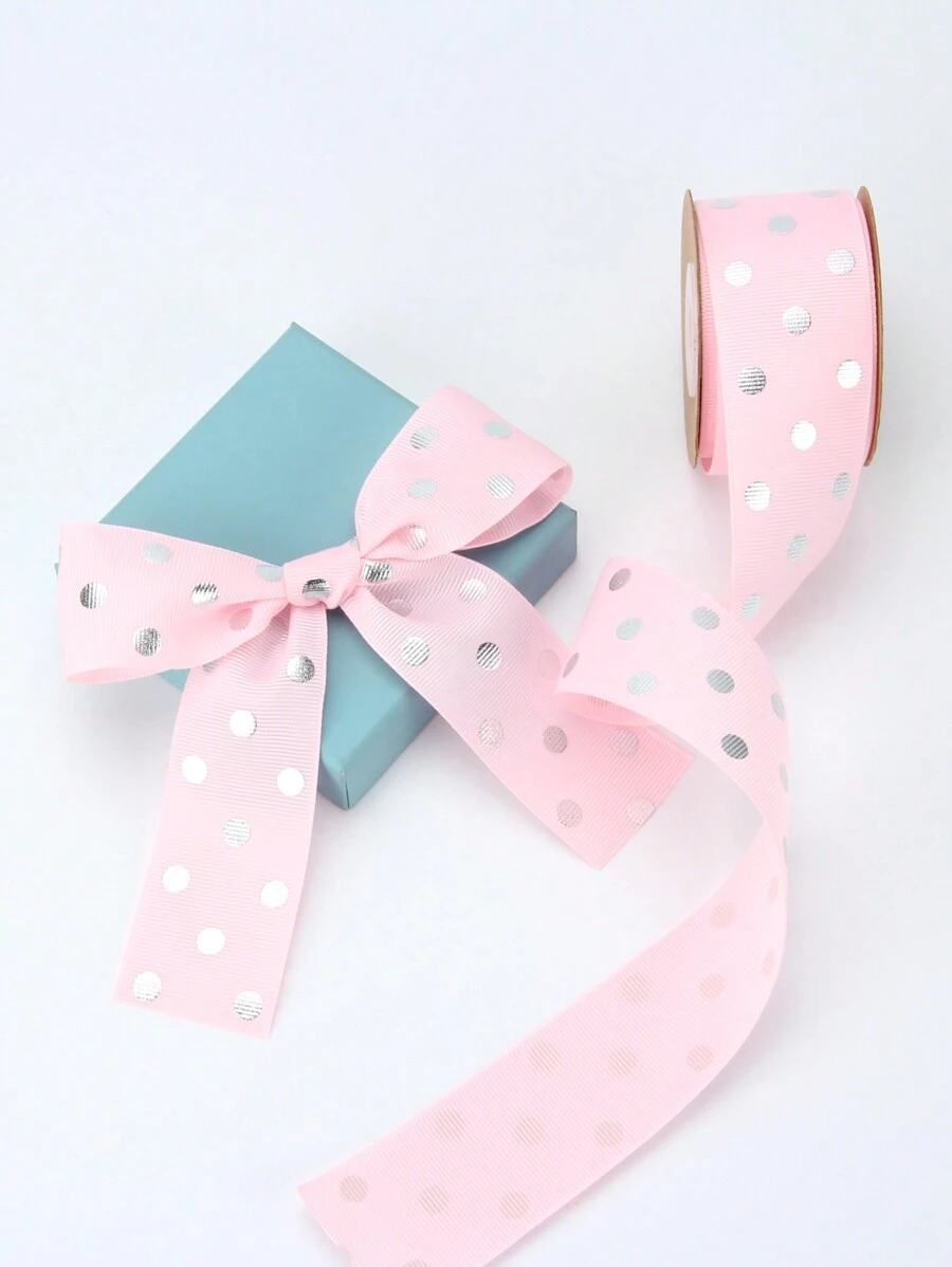 1 Roll 9m Pink Silver Dotted Floral Gift Wrapping Ribbon For Festival ...