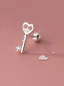 1pair Unique 925 Sterling Silver Single Cubic Zirconia Heart & Key Design Stud Earrings For Men And Women Daily Wear Valentines