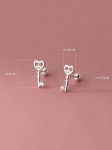 1pair Unique 925 Sterling Silver Single Cubic Zirconia Heart & Key Design Stud Earrings For Men And Women Daily Wear Valentines