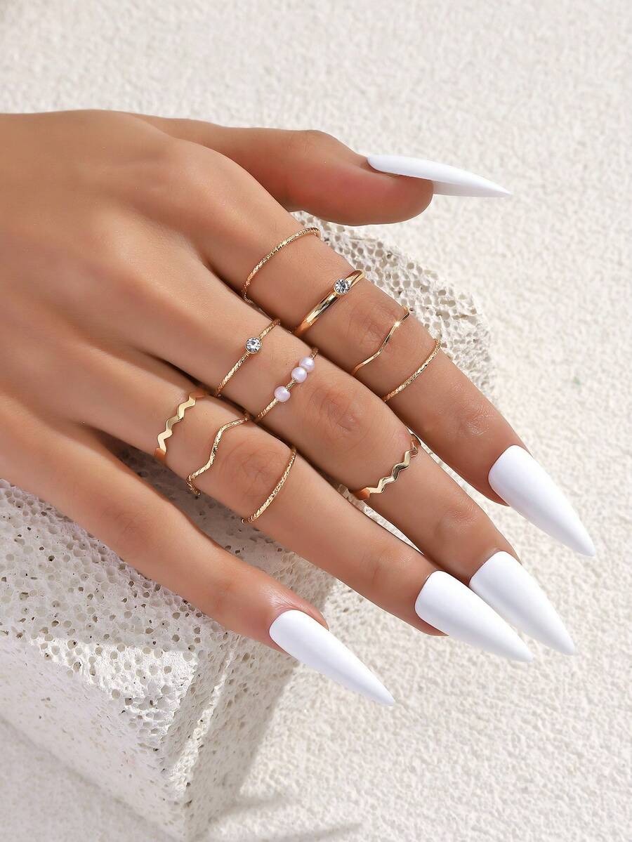 Bộ 10 chiếc/Bộ kim loại thiết kế gợn sóng nước đính đá, trang trí ngọc trai nhựa tinh tế sang trọng tối giản phong cách tuyệt đẹp cho phụ nữ - Vàng - Xem 1